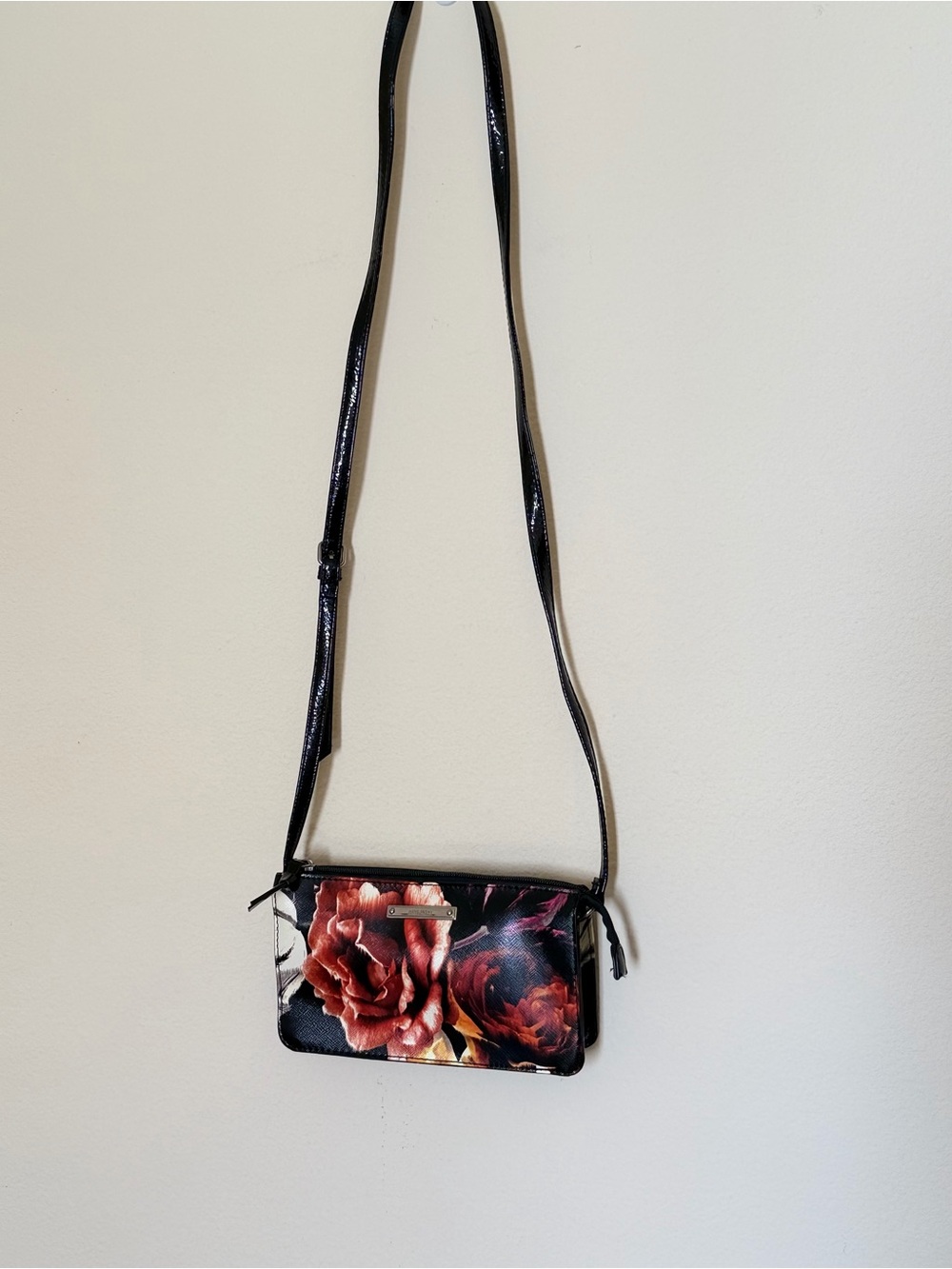 Nine West Floral Zip Mini Shoulder Purse- Black with Red Rose Print - Picture 5 of 16